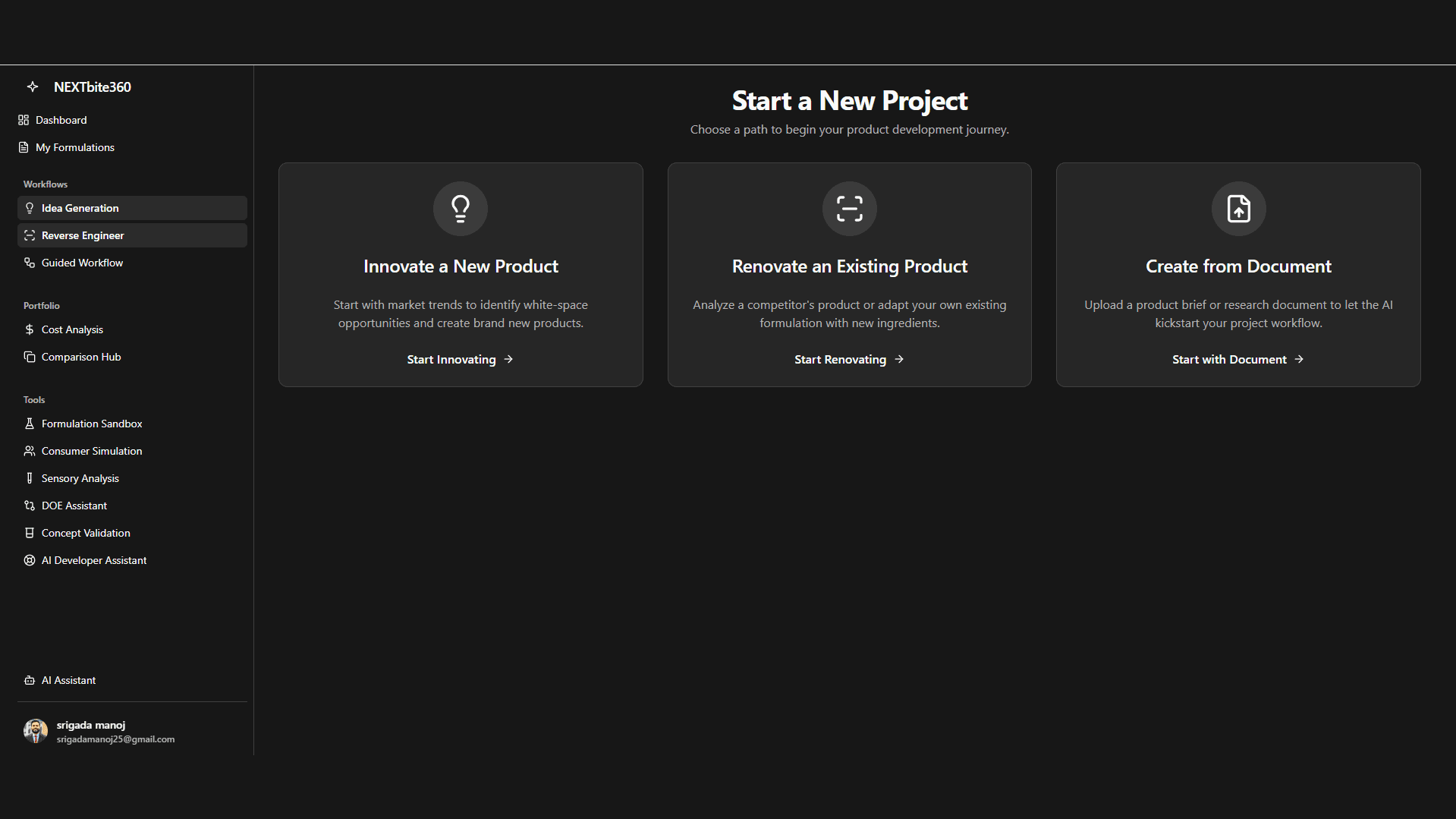 Dashboard cards for starting a new AI-powered formulation project